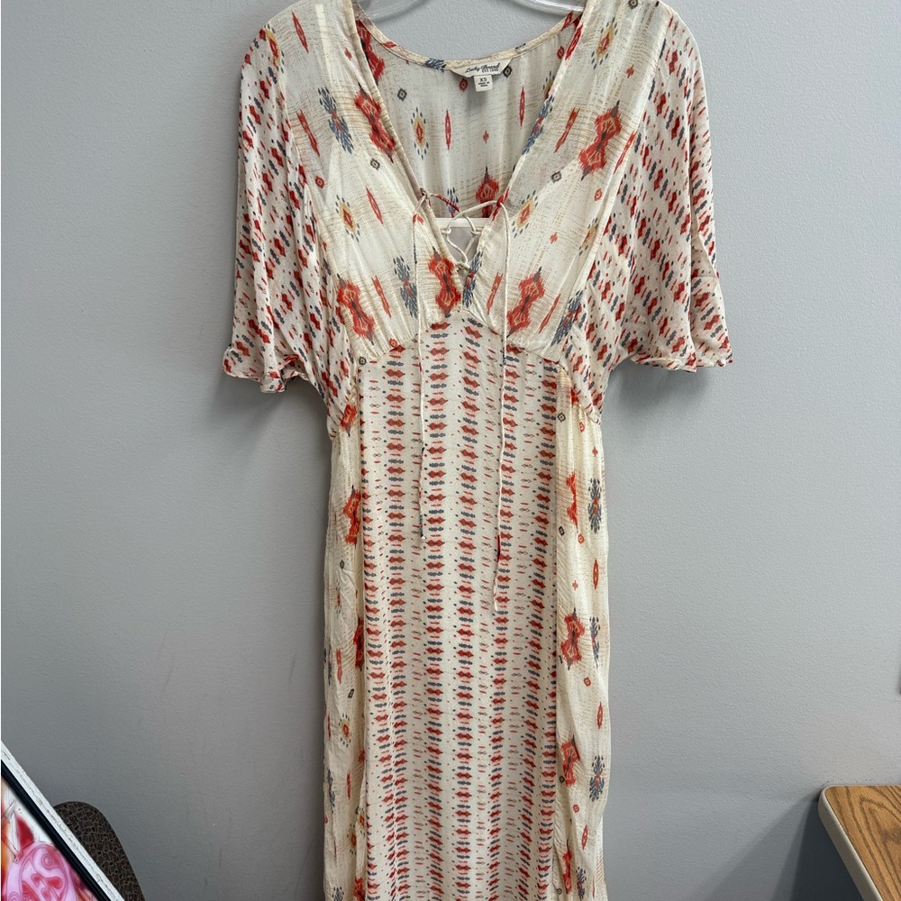 Lucky Brand Cream and Red Maxi Dress XS lined boho